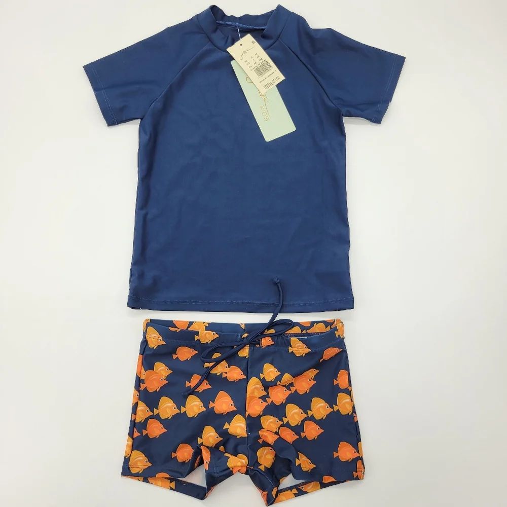 Gottex Kids Swin Set Navy Orange Fish Short Sleeve Shorts Boys Size 5 NEW